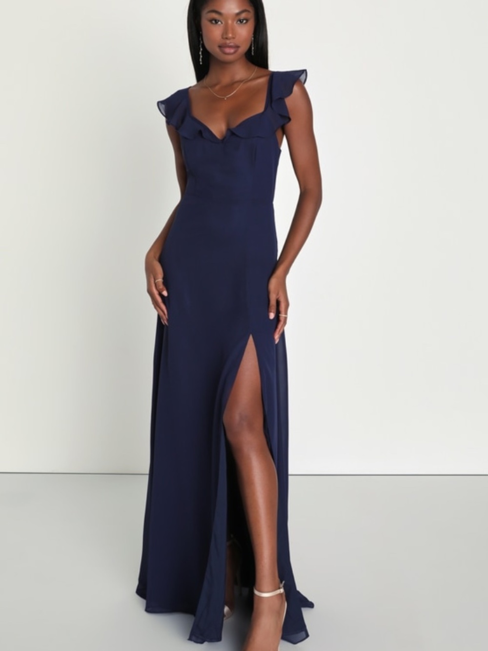 Lulus Sweetest Entrance Navy Blue Ruffled Tie-back Maxi Dress - Size S